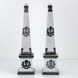 Pair Of Vintage Porcelain Obelisks Neoclassical Statues Sculptures Black White